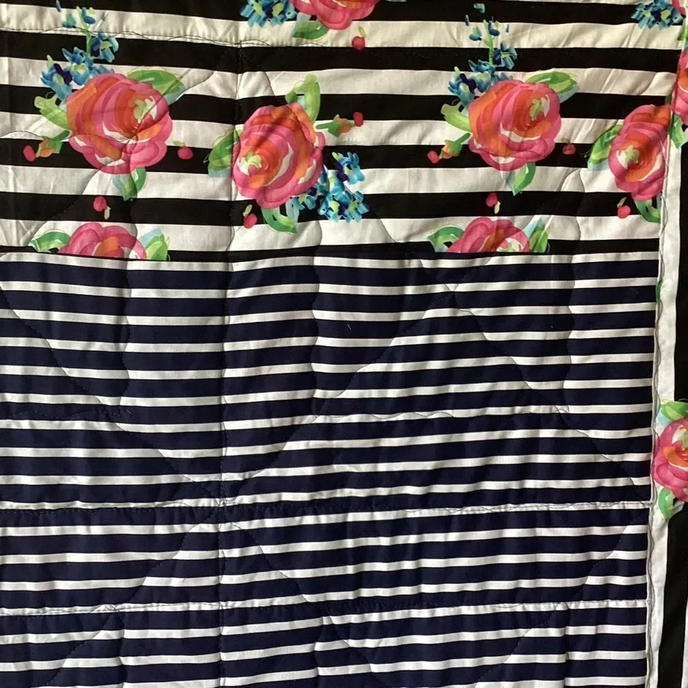 NWT. Hand Crafted Pink and Black Striped With Roses Floral Quilt